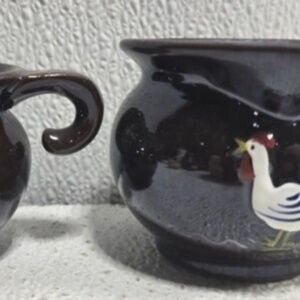 Set 2 Small  Handcrafted Brown Pottery Servers Hand Painted Chickens Kitche Flaw